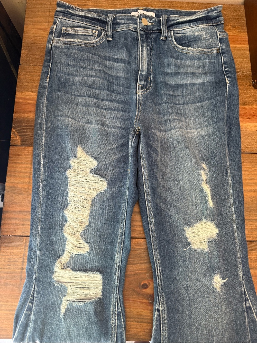 Women’s Distressed Flying Monkey Flares, High Rise, Size 29, Stretchy!